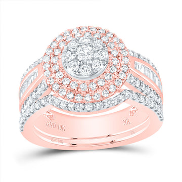 10kt Rose Gold Round Diamond Cluster Bridal Wedding Ring Band Set 1-1/4 Cttw