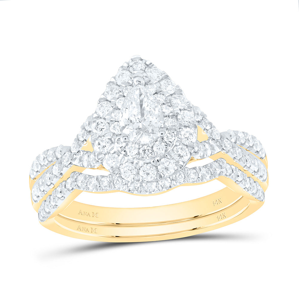 14kt Yellow Gold Pear Diamond Halo Bridal Wedding Ring Band Set 1 Cttw