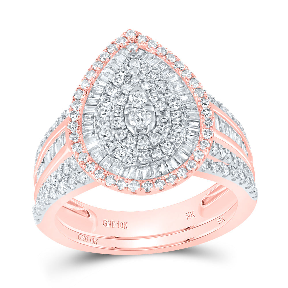 10kt Rose Gold Round Diamond Teardrop Bridal Wedding Ring Band Set 1-1/5 Cttw
