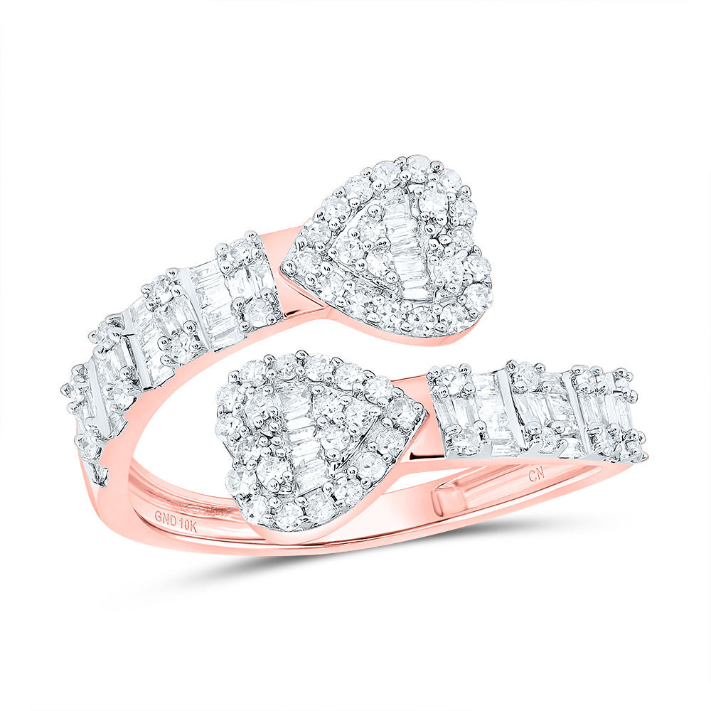 14kt Rose Gold Womens Baguette Diamond Cuff Bypass Heart Ring 5/8 Cttw