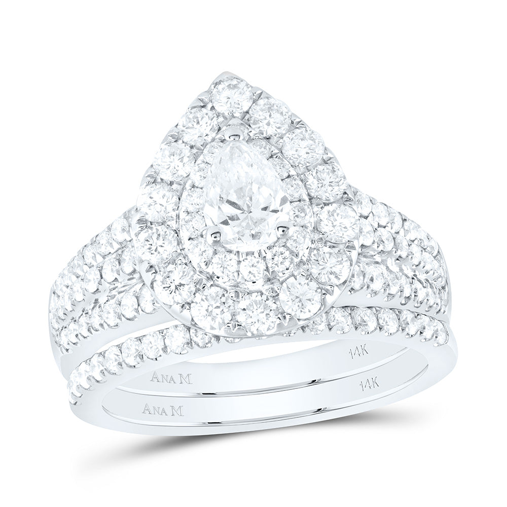 14kt White Gold Pear Diamond Halo Bridal Wedding Ring Band Set 2 Cttw