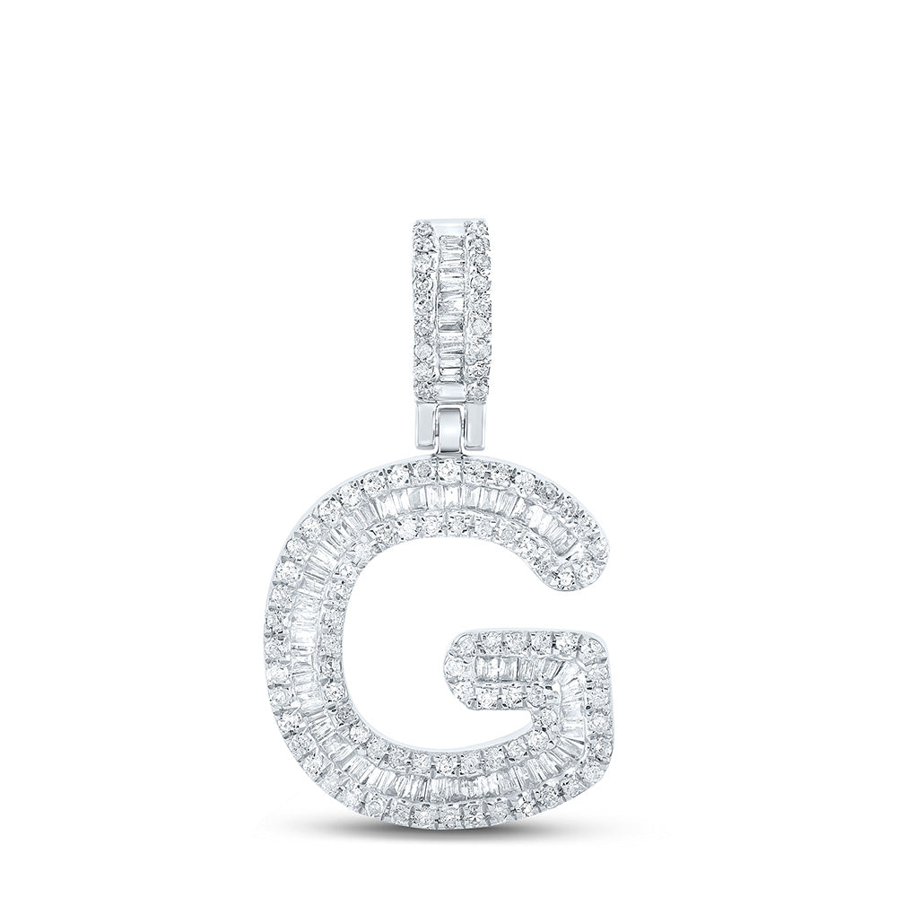 10kt White Gold Mens Baguette Diamond G Initial Letter Pendant 1/2 Cttw