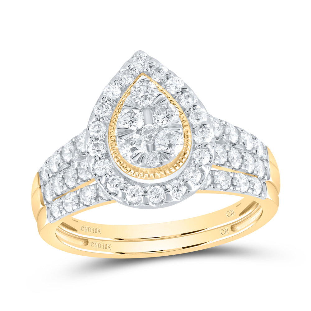 10kt Yellow Gold Round Diamond Teardrop Bridal Wedding Ring Band Set 1 Cttw