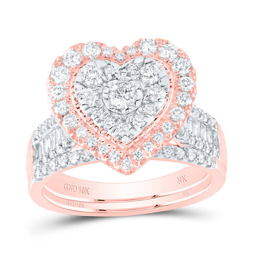 10kt Rose Gold Round Diamond Heart Bridal Wedding Ring Band Set 1-1/4 Cttw