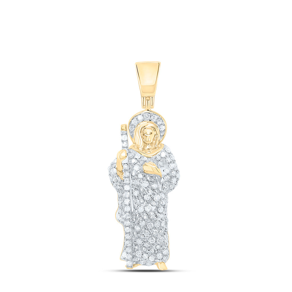 14kt Yellow Gold Mens Round Diamond Jesus Saint Charm Pendant 3/8 Cttw