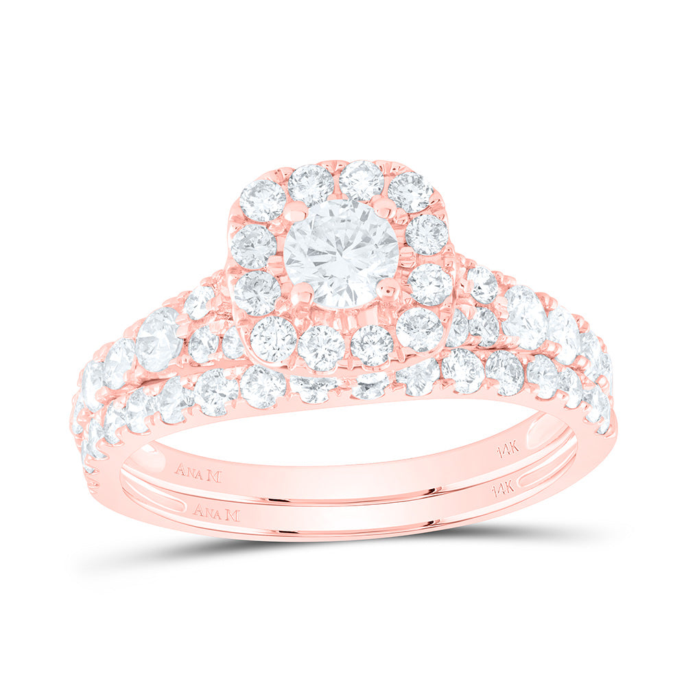 14kt Rose Gold Round Diamond Halo Bridal Wedding Ring Band Set 1-1/2 Cttw