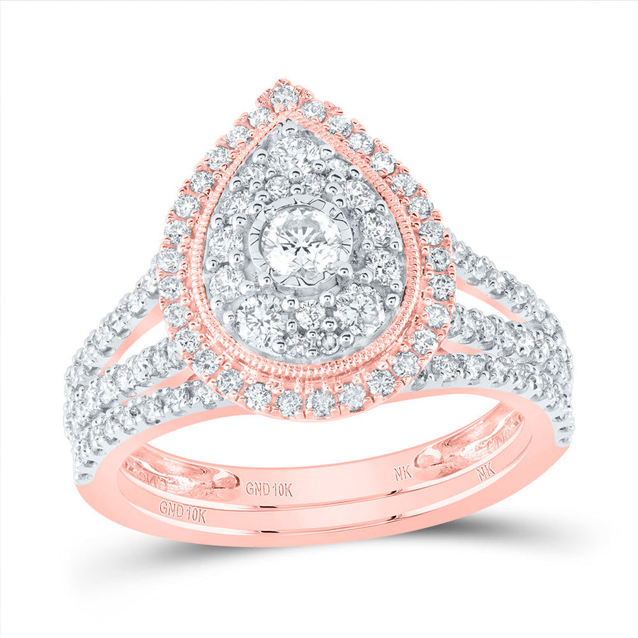 10kt Rose Gold Round Diamond Teardrop Bridal Wedding Ring Band Set 1 Cttw