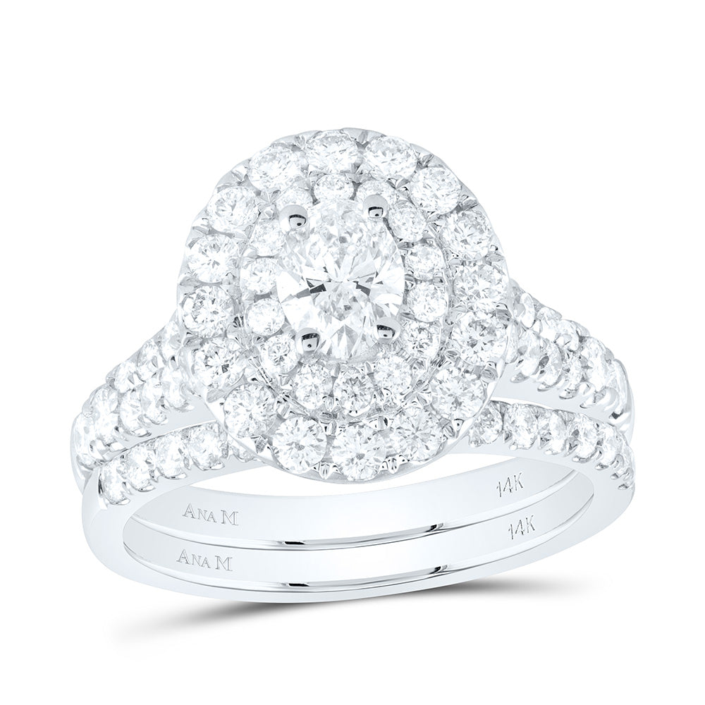 14kt White Gold Oval Diamond Halo Bridal Wedding Ring Band Set 2 Cttw