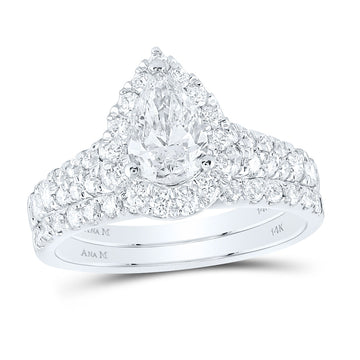 14kt White Gold Pear Diamond Halo Bridal Wedding Ring Band Set 2 Cttw
