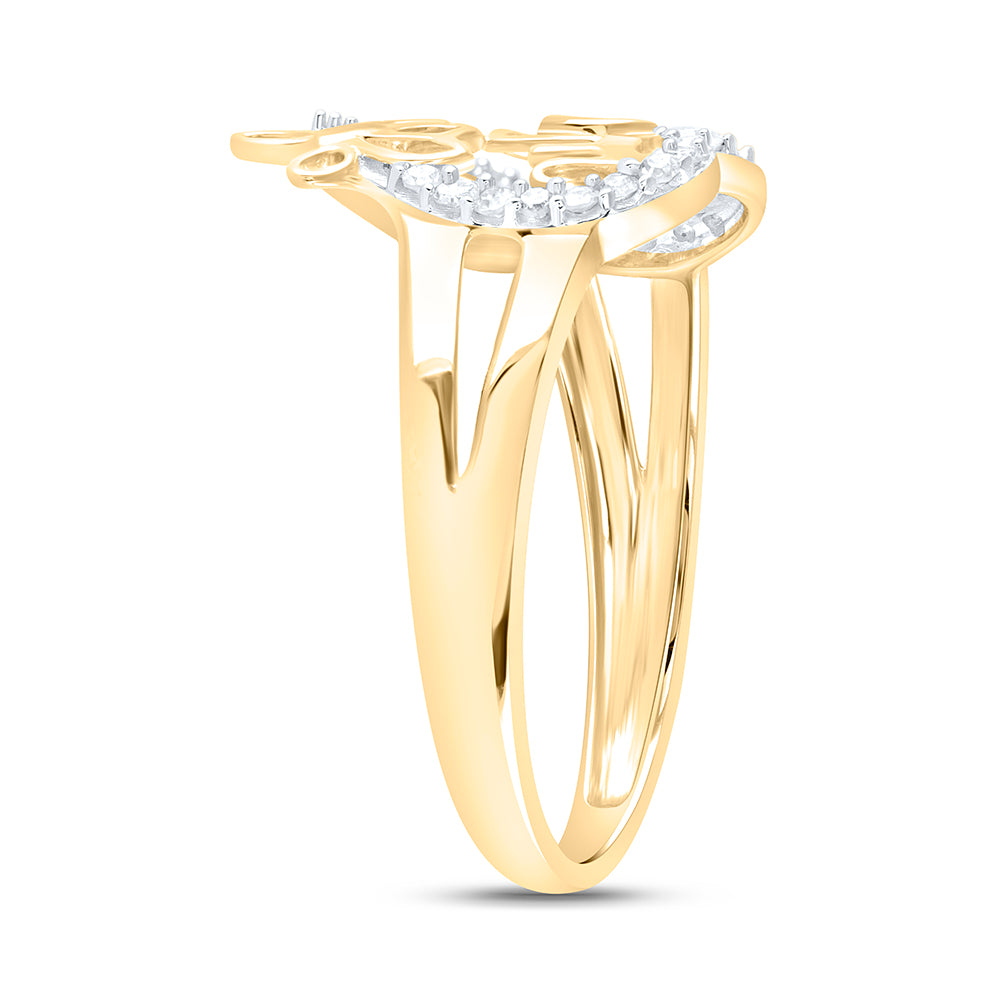 10kt Yellow Gold Womens Round Diamond Mom Heart Butterfly Ring 1/6 Cttw