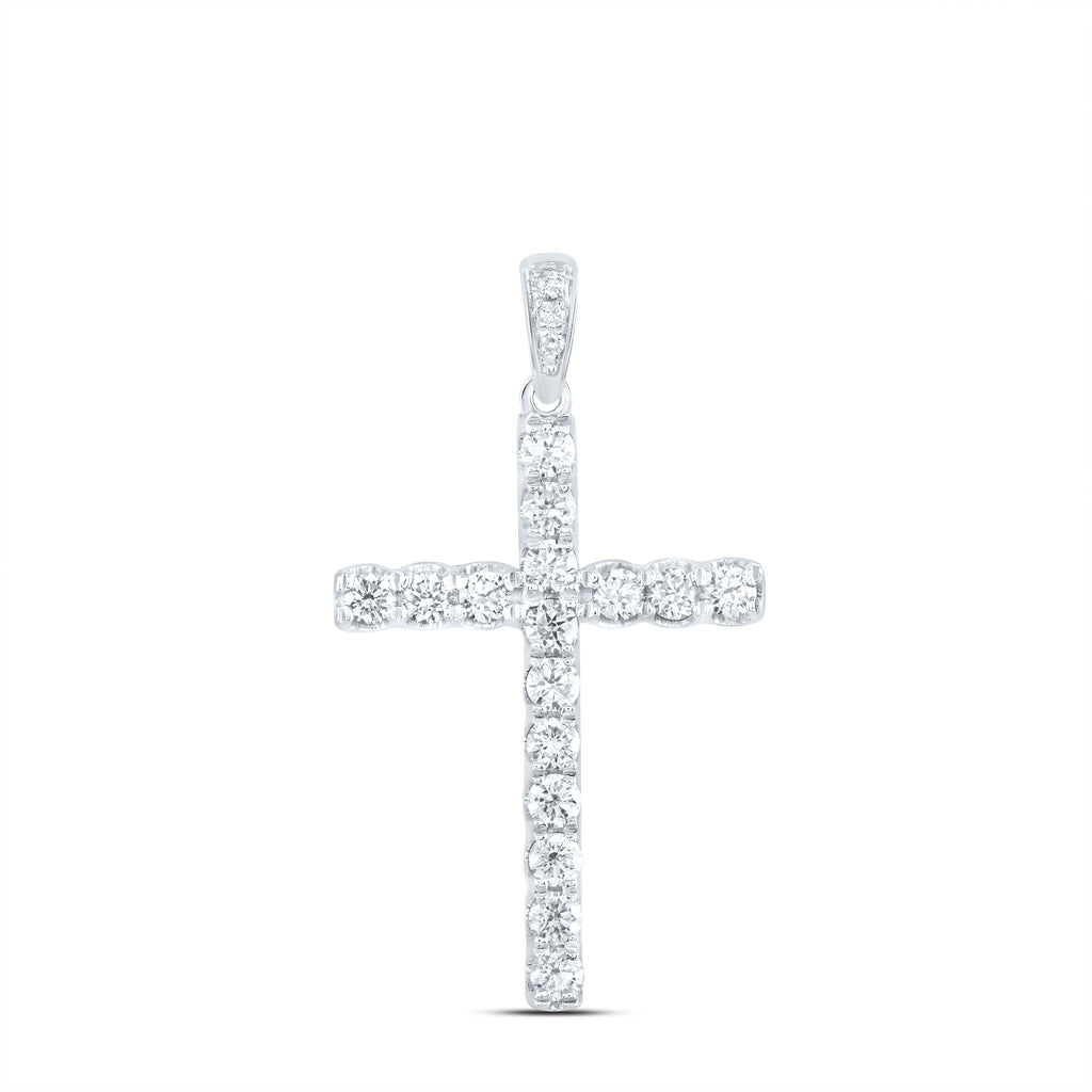 14kt White Gold Womens Round Diamond Cross Pendant 1/2 Cttw