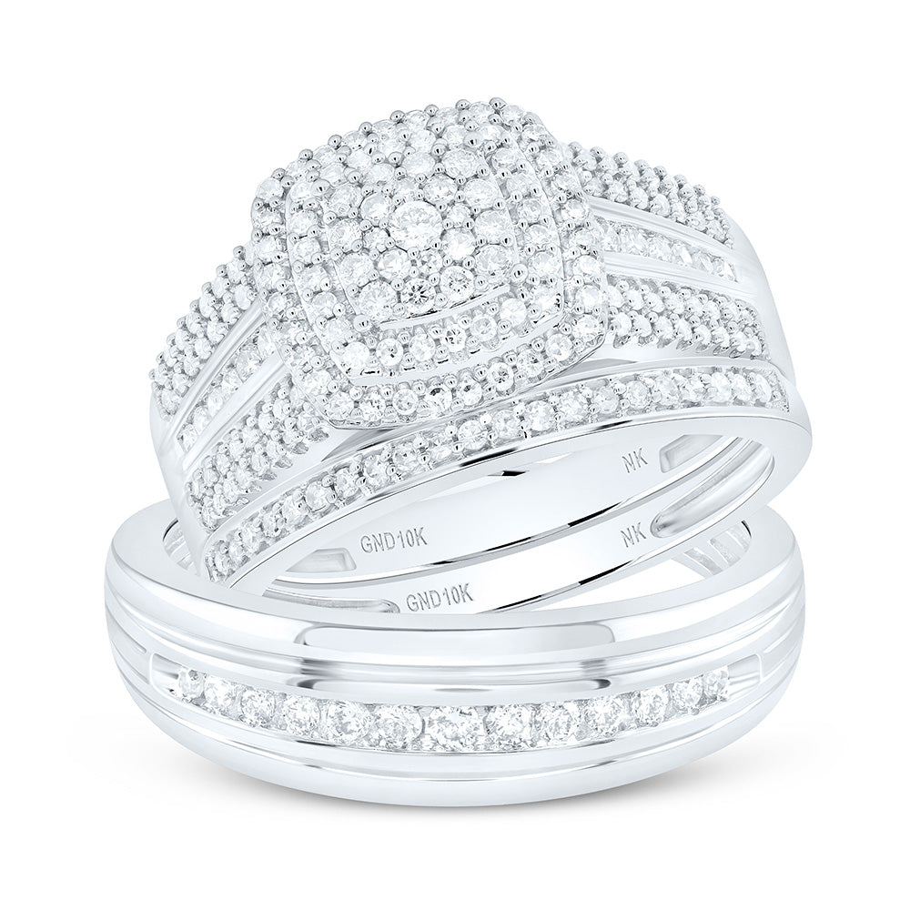 10kt White Gold His Hers Round Diamond Square Matching Wedding Set 3/4 Cttw