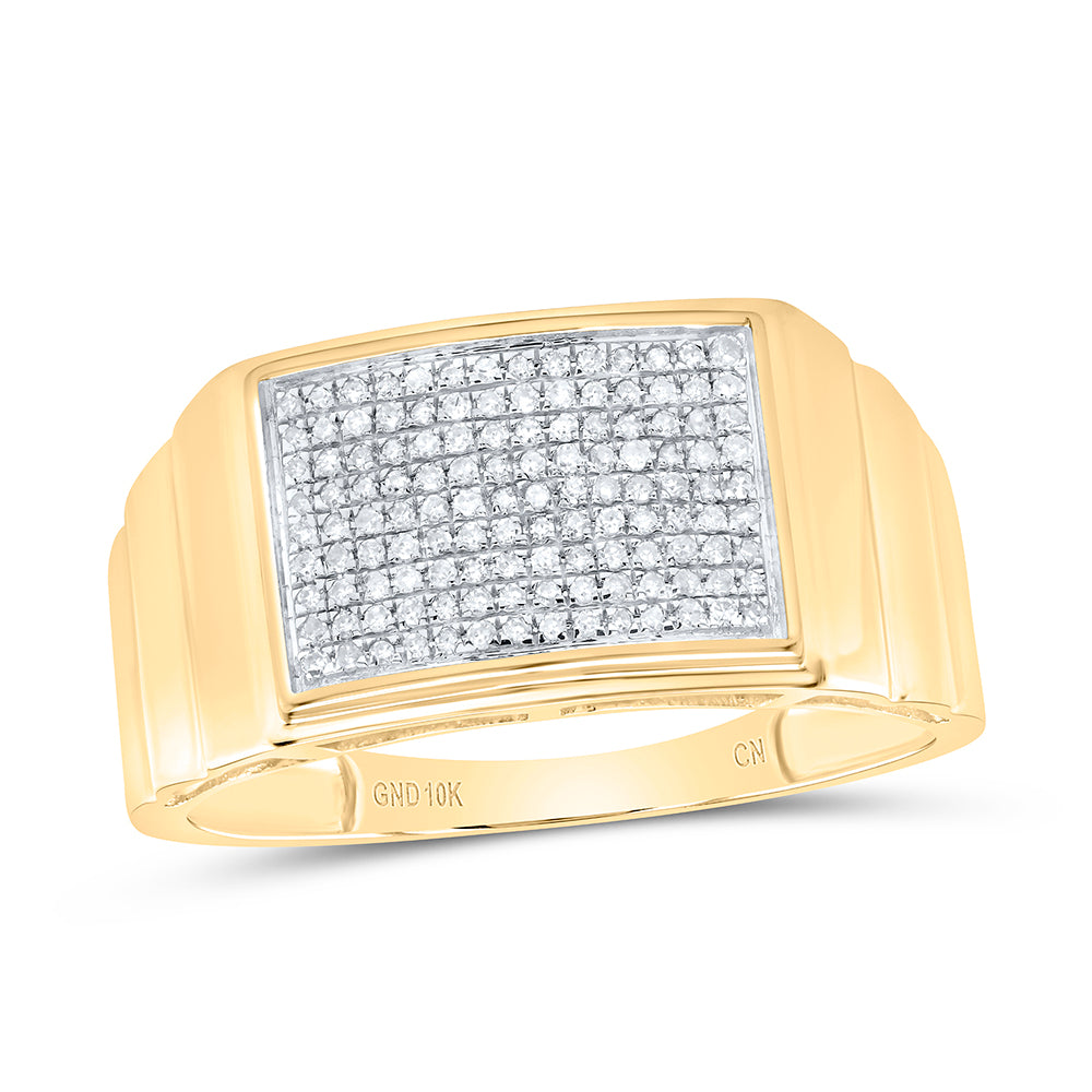 10kt Yellow Gold Mens Round Diamond Ribbed Rectangle Cluster Ring 1/4 Cttw