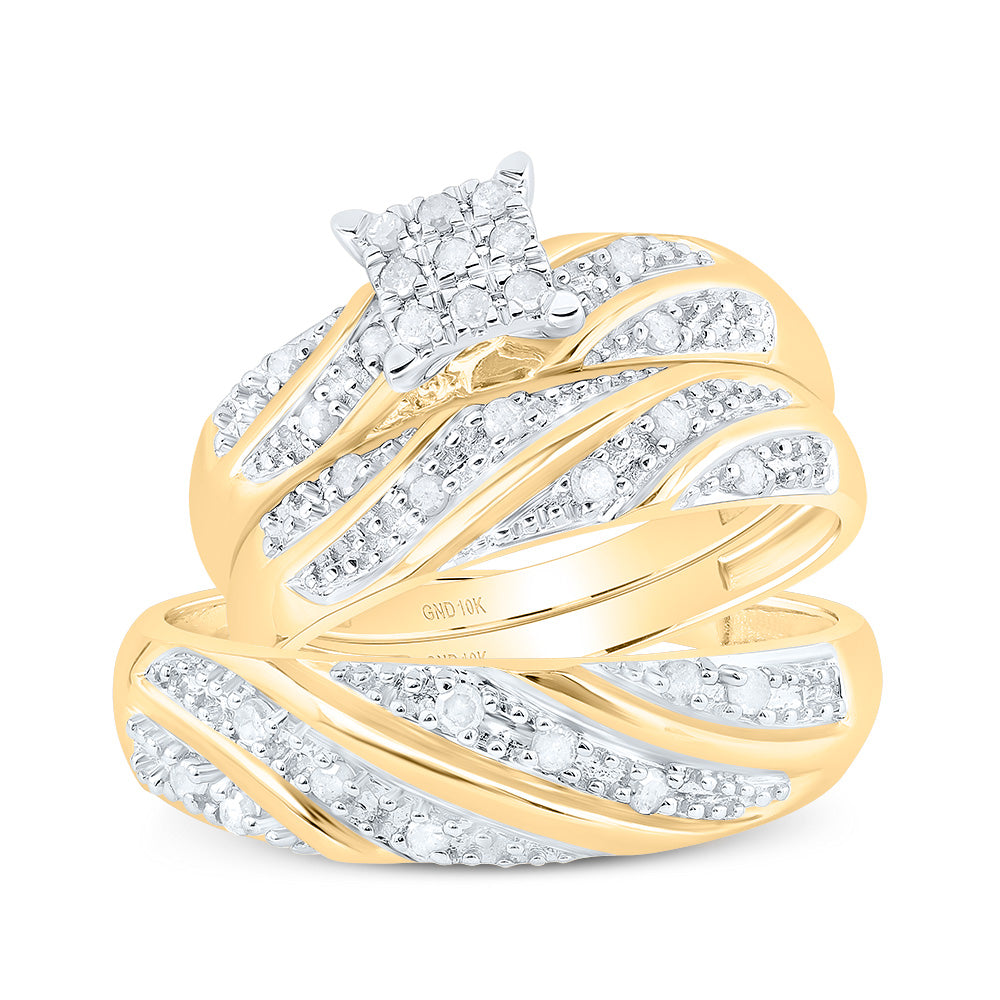 10kt Yellow Gold His Hers Round Diamond Square Matching Wedding Set 1/3 Cttw