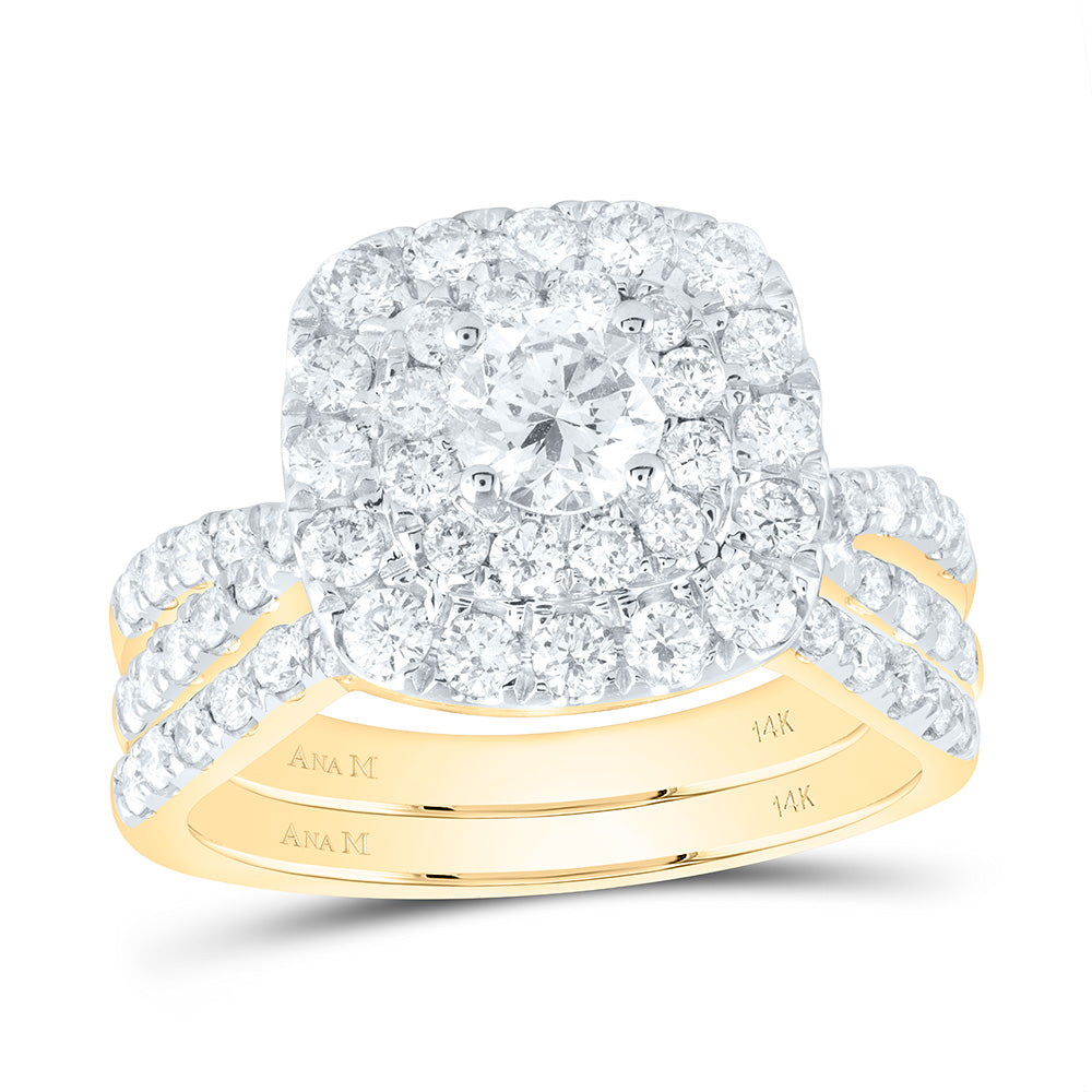 14kt Yellow Gold Round Diamond Square Halo Bridal Wedding Ring Band Set 2 Cttw