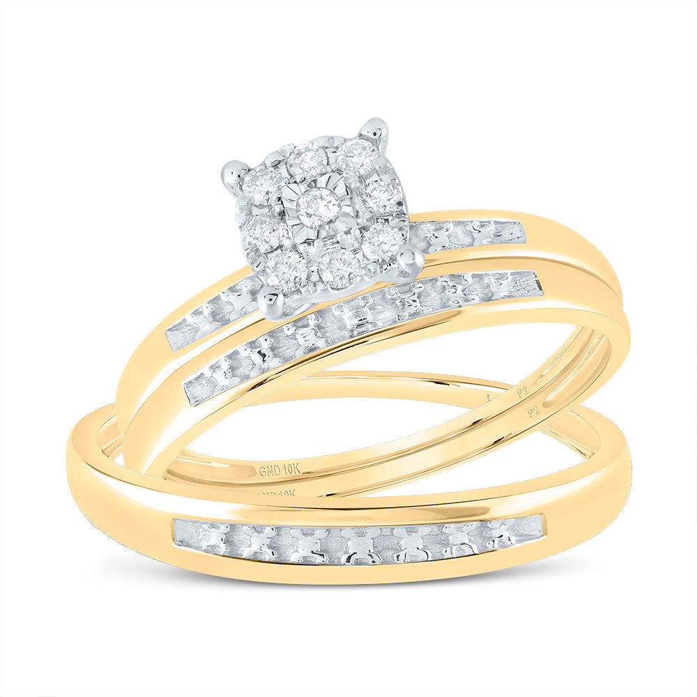 10kt Yellow Gold His Hers Round Diamond Cluster Matching Wedding Set 1/10 Cttw