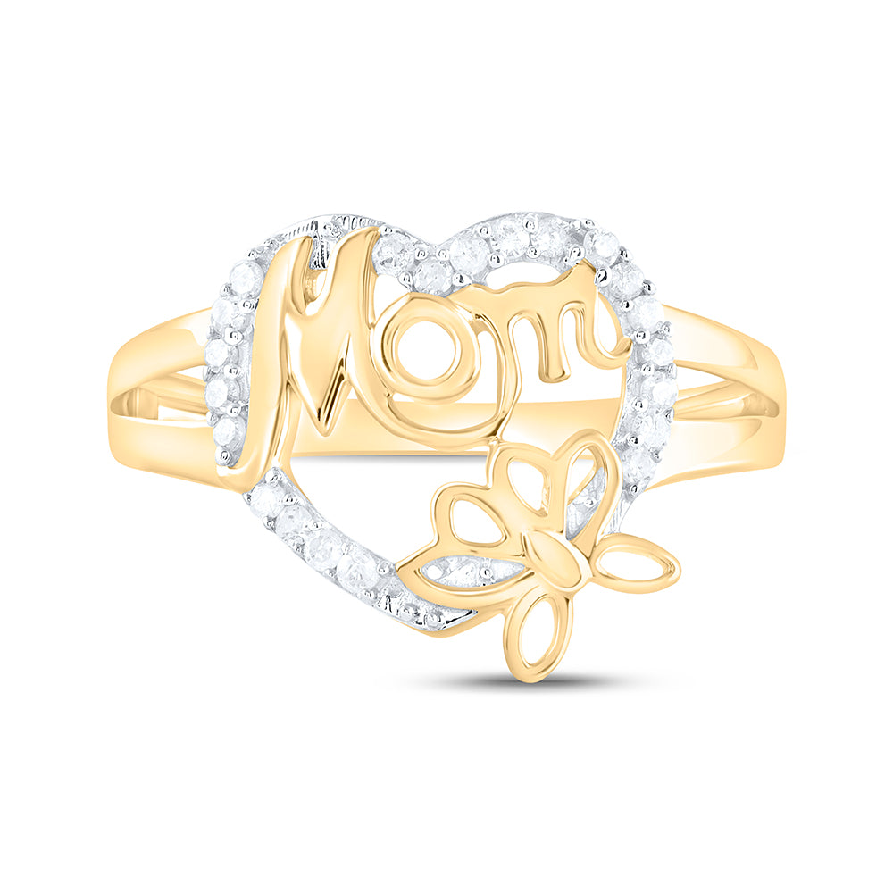 10kt Yellow Gold Womens Round Diamond Mom Heart Butterfly Ring 1/6 Cttw
