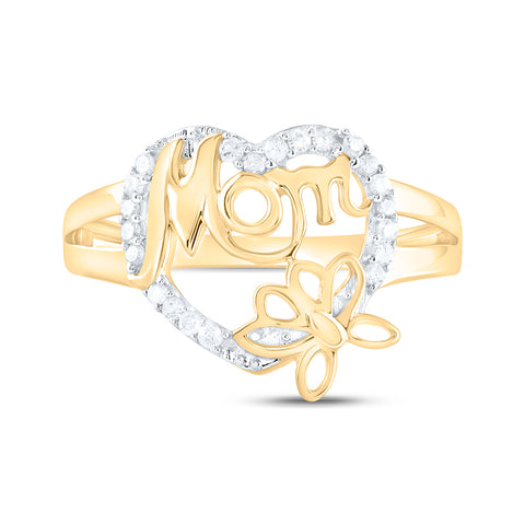 10kt Yellow Gold Womens Round Diamond Mom Heart Butterfly Ring 1/6 Cttw