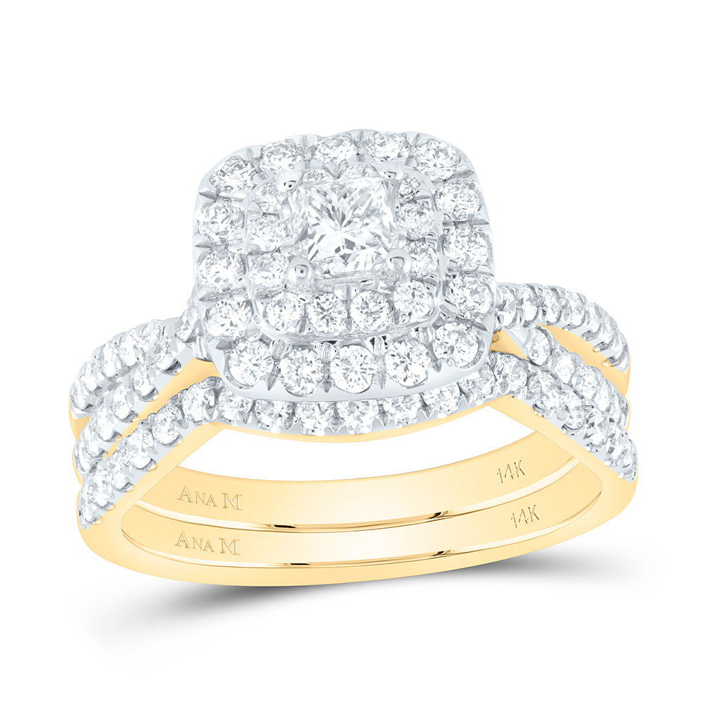 14kt Yellow Gold Princess Diamond Halo Bridal Wedding Ring Band Set 1-1/2 Cttw