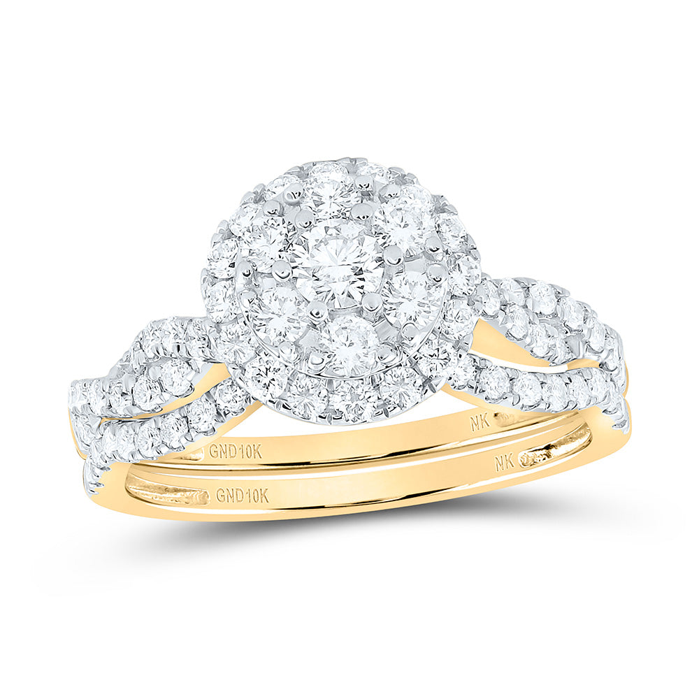 10kt Yellow Gold Round Diamond Cluster Bridal Wedding Ring Band Set 1 Cttw