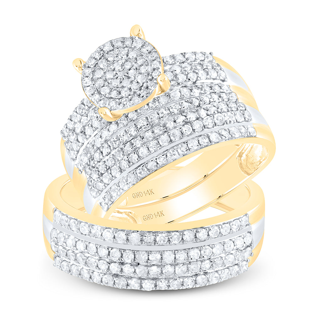 14kt Yellow Gold His Hers Round Diamond Cluster Matching Wedding Set 1-1/3 Cttw