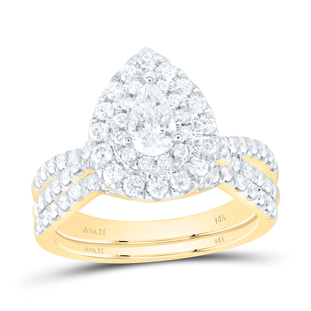14kt Yellow Gold Pear Diamond Halo Bridal Wedding Ring Band Set 1-1/2 Cttw