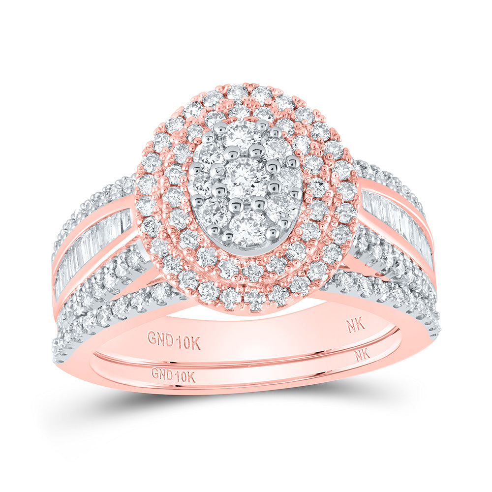 10kt Rose Gold Round Diamond Oval Bridal Wedding Ring Band Set 1-1/4 Cttw