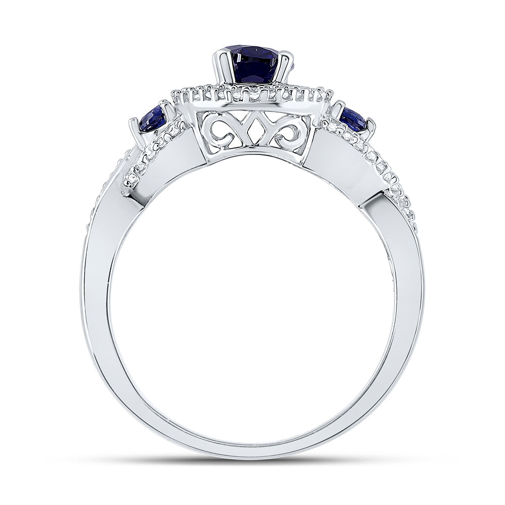 10kt White Gold Womens Oval Synthetic Blue Sapphire 3-stone Ring 1-1/2 Cttw
