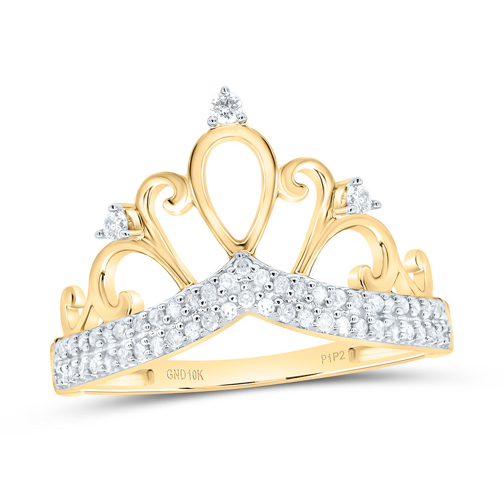 10kt Yellow Gold Womens Round Diamond Crown Tiara Fashion Ring 1/5 Cttw