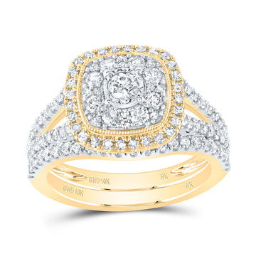 10kt Yellow Gold Round Diamond Halo Bridal Wedding Ring Band Set 1-1/5 Cttw