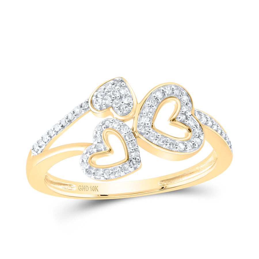 10kt Yellow Gold Womens Round Diamond Triple Heart Ring 1/6 Cttw