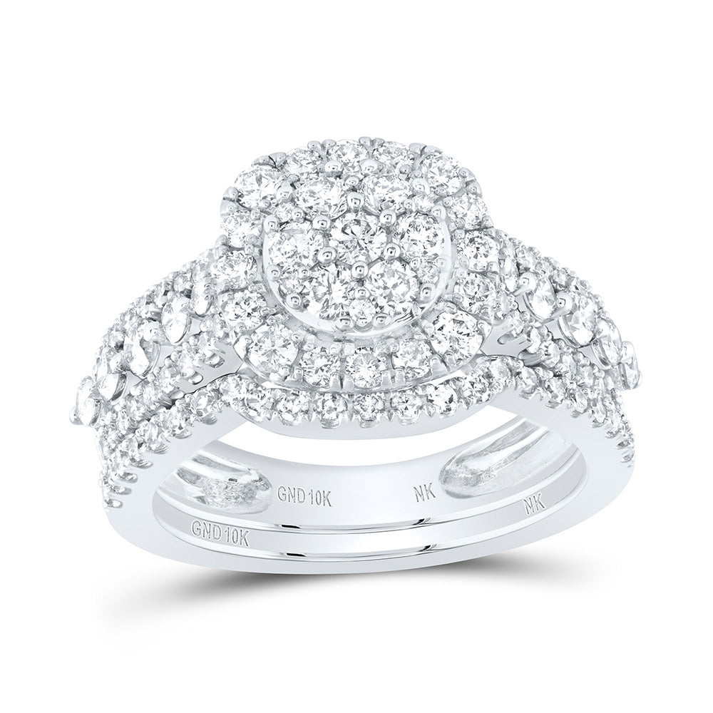 10kt White Gold Round Diamond Cluster Bridal Wedding Ring Band Set 1-1/2 Cttw
