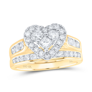 10kt Yellow Gold Princess Diamond Heart Bridal Wedding Ring Band Set 1 Cttw