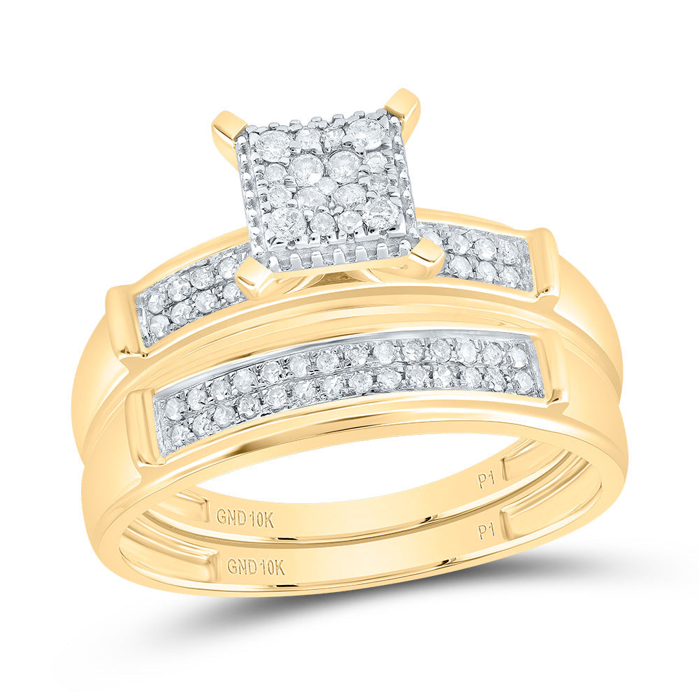 10kt Yellow Gold His Hers Round Diamond Square Matching Wedding Set 3/8 Cttw
