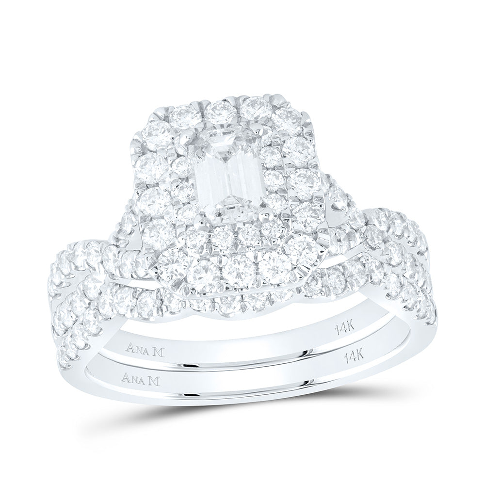 14kt White Gold Emerald Diamond Halo Bridal Wedding Ring Band Set 1-1/2 Cttw