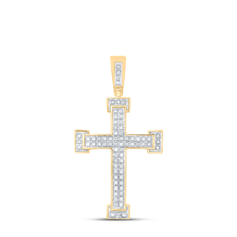 10kt Yellow Gold Mens Round Diamond Roman Cross Religious Charm Pendant 1/5 Cttw