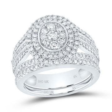 10kt White Gold Round Diamond Oval-shape Bridal Wedding Ring Band Set 1-1/5 Cttw