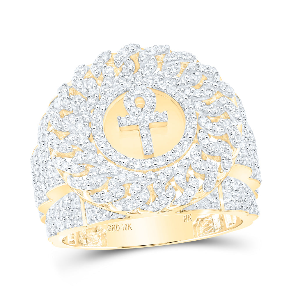 10kt Yellow Gold Mens Round Diamond Ankh Circle Cuban Link Ring 2 Cttw