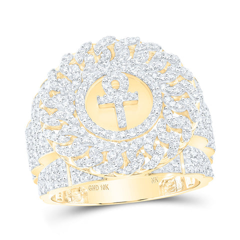 10kt Yellow Gold Mens Round Diamond Ankh Circle Cuban Link Ring 2 Cttw