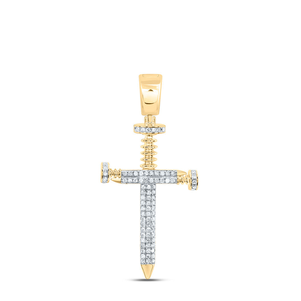 10kt Yellow Gold Mens Round Diamond Nail Cross Charm Pendant 3/8 Cttw