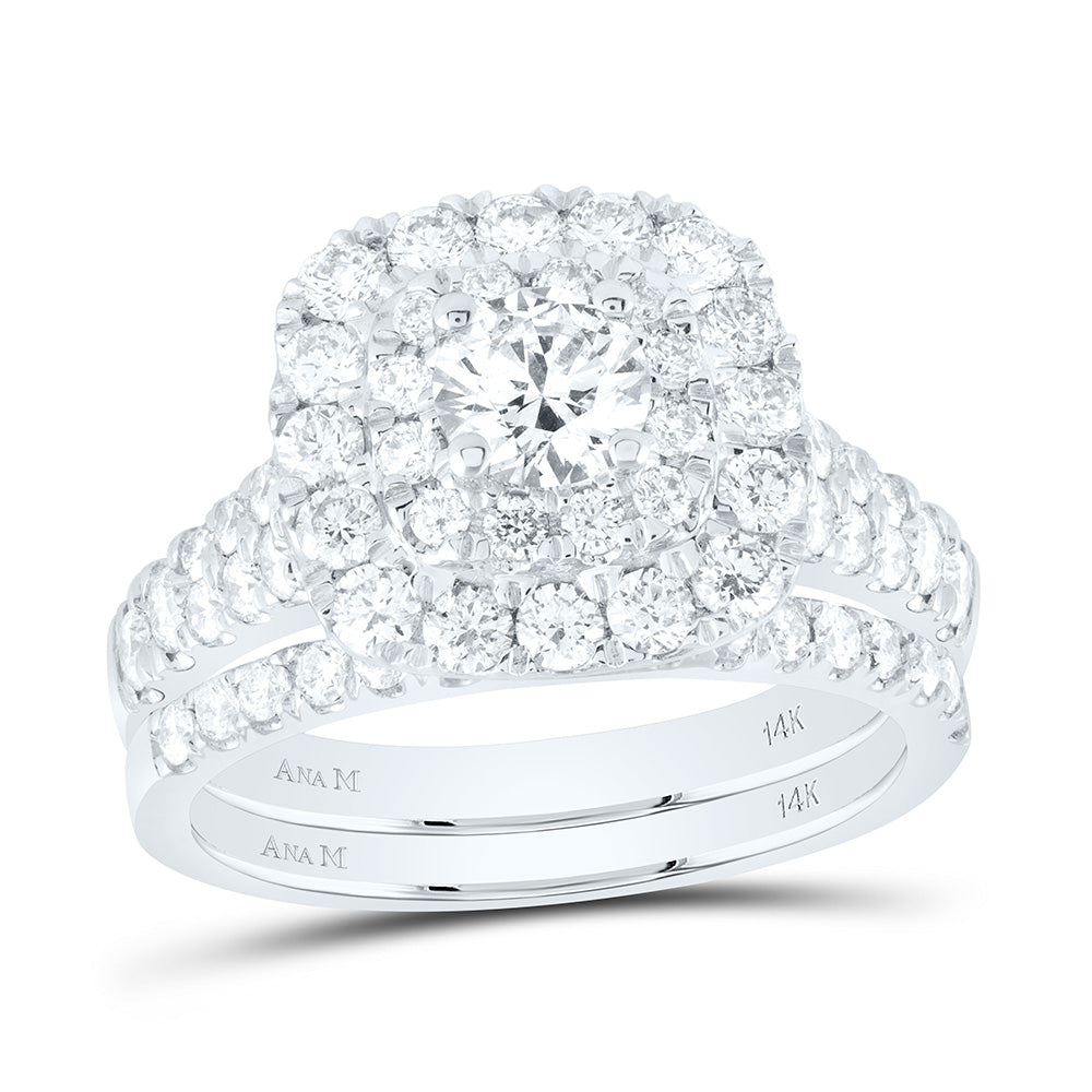 14kt White Gold Round Diamond Halo Bridal Wedding Ring Band Set 2 Cttw