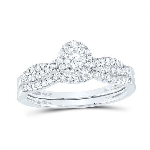 10kt White Gold Round Diamond Halo Bridal Wedding Ring Band Set 1/2 Cttw