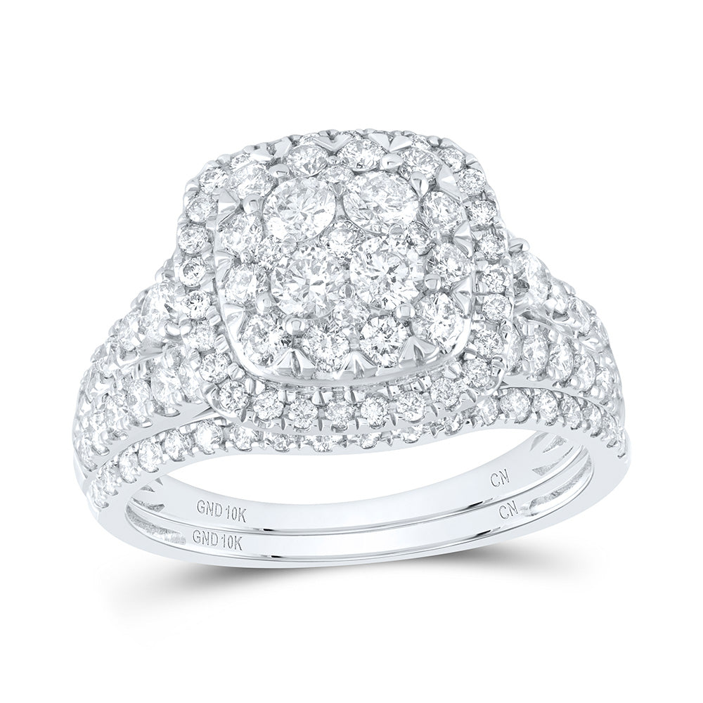 10kt White Gold Round Diamond Square Halo Bridal Wedding Ring Band Set 1-1/2 Cttw