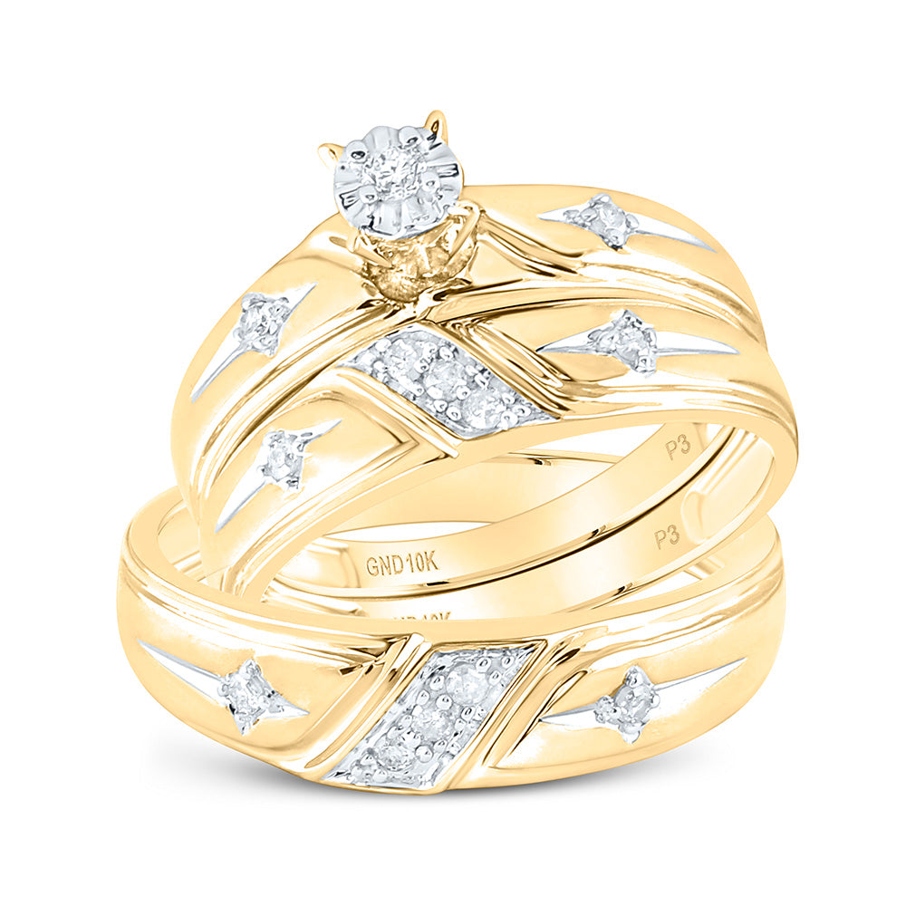 10kt Yellow Gold His Hers Round Diamond Cross Matching Wedding Set 1/5 Cttw
