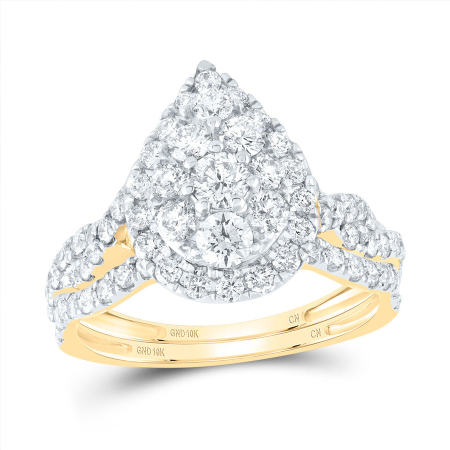10kt Yellow Gold Round Diamond Pear Halo Bridal Wedding Ring Band Set 1-1/2 Cttw