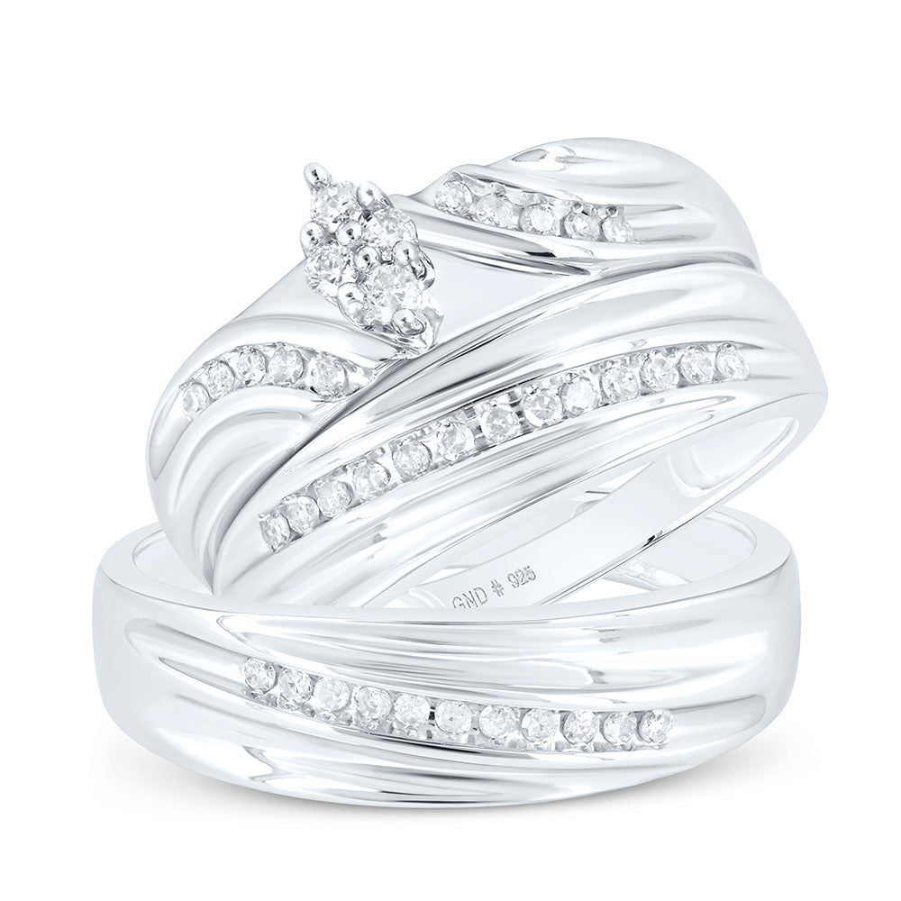 Sterling Silver His Hers Round Diamond Cluster Matching Wedding Set 3/8 Cttw