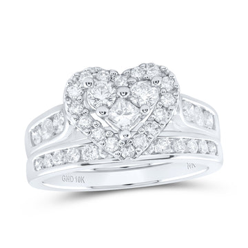 10kt White Gold Princess Diamond Heart Bridal Wedding Ring Band Set 1 Cttw