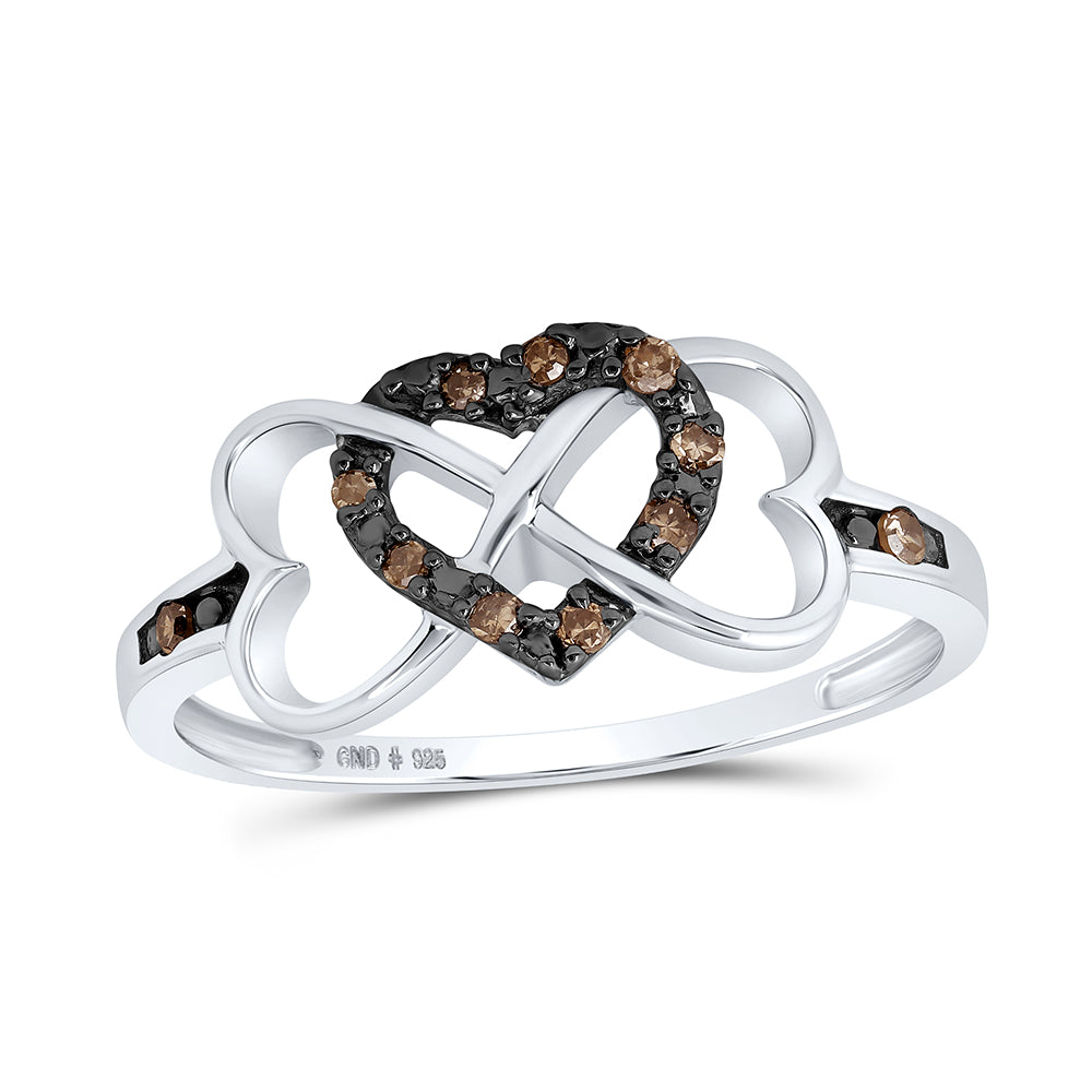 Sterling Silver Womens Round Brown Diamond Triple Heart Ring 1/10 Cttw