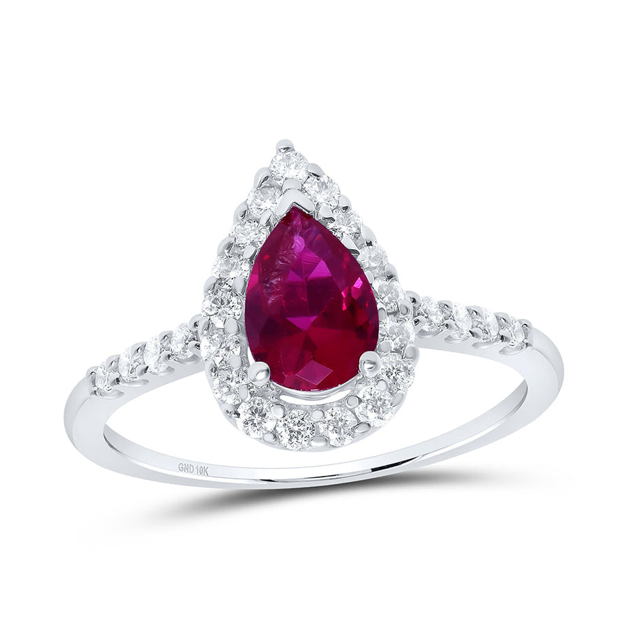 10kt White Gold Womens Pear Synthetic Ruby Solitaire Diamond Frame Ring 1-1/5 Cttw