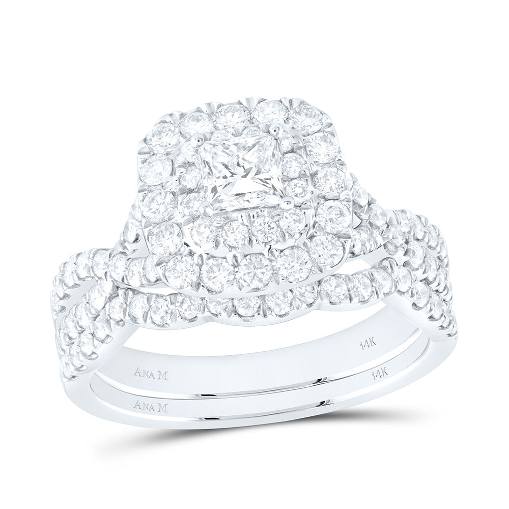 14kt White Gold Princess Diamond Halo Bridal Wedding Ring Band Set 1-1/2 Cttw